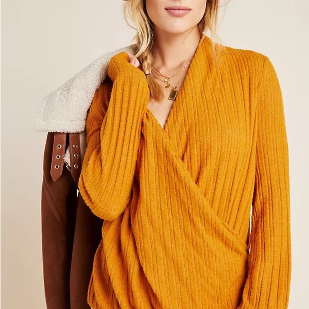 Anthropologie Maeve Rafela Hacci Surplice Top in Orange Sz‎ Small